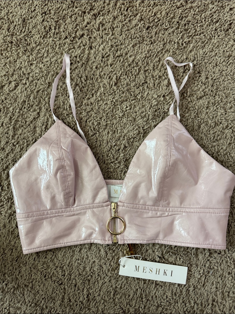 Meshki Pink Ring-Front Patent Bralette Y2K Vinyl Barbiecore